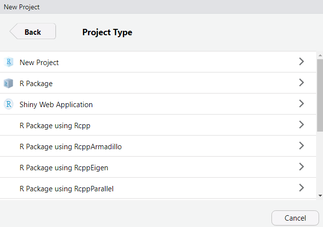 Fichier:RStudio types de nouveaux projets.png