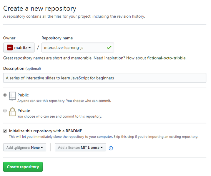 Fichier:GitHub création d'un projet avec README et Licence.png