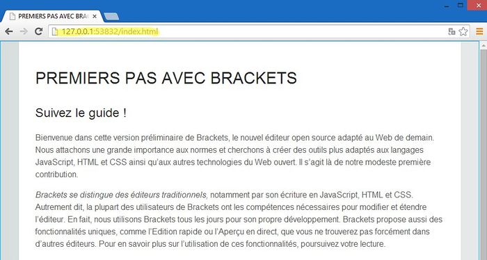 Brackets dispose d'un serveur web intégré pour l'aperçu en directe