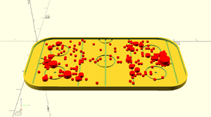 Rendu 3D représentant une patinoire avec des pucks de tailles différentes dessus symbolisant l'emplacement et le nombre de tirs.
