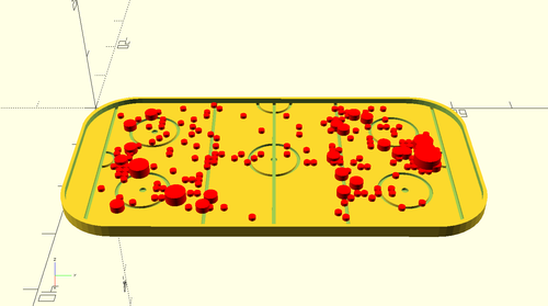 Rendu 3D représentant une patinoire avec des pucks de tailles différentes dessus symbolisant l'emplacement et le nombre de tirs.
