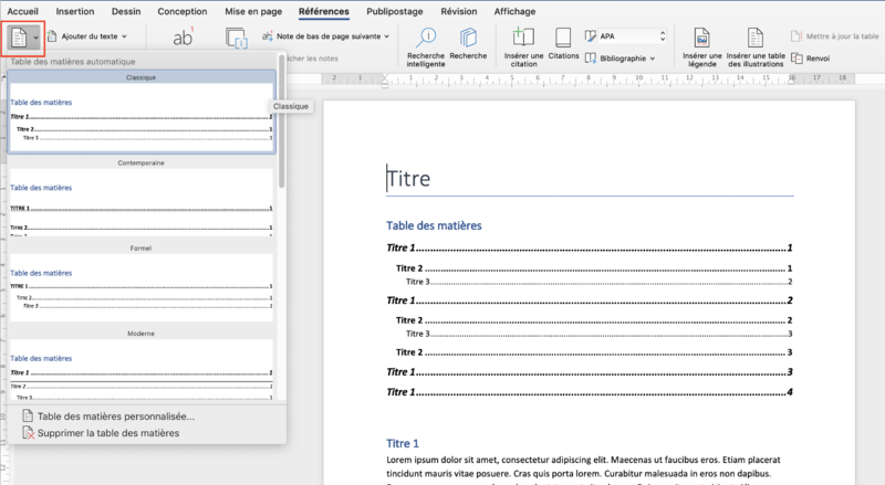 Capture d'écran de Microsoft Word qui indique l'emplacement de la création de table de matière