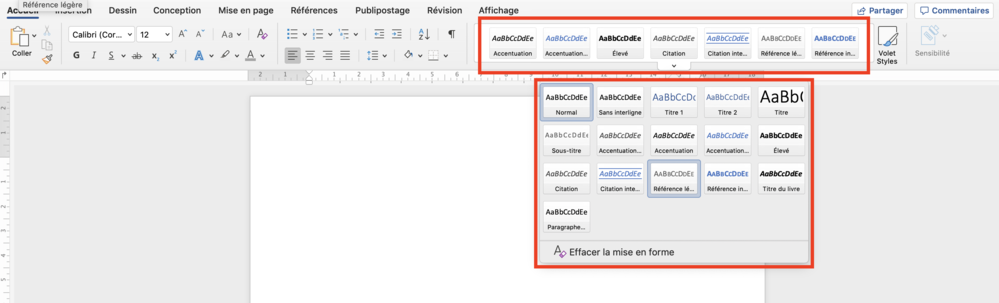 Capture d'écran de Microsoft Word qui montre où et comment trouver les styles rapides
