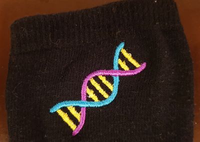 DNA embroidered on an elastic cotton sock
