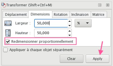 Menu "Transformer" pour redimensionner les lettres