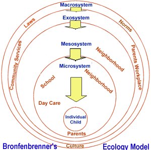 Représentation du modèle à cinq niveaux développé par Bronfenbrenner, # Le microsystème réfère au milieu immédiat de l'individu (famille, école, groupe de pairs, quartier, etc.)Le mésosystème est composé des différents microsystèmes qui le composent (par exemple, les relations qui se tissent entre la famille de l'enfant et l'école). L'exosystème représente des paramètres de l'environnement externe qui influencent le développement de manière indirecte)