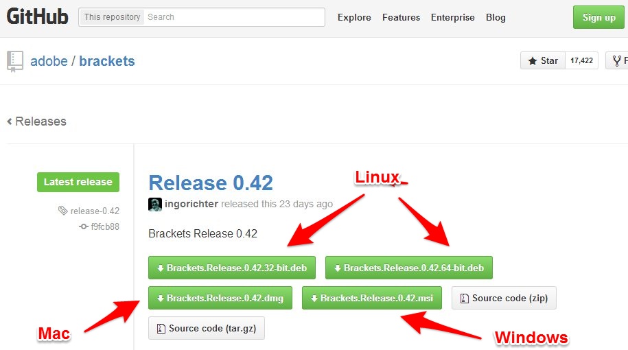 Page de download sur le site GitHub