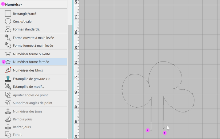 Outil "Numériser forme fermée". On définit des points "coin" ou des points "courbe".