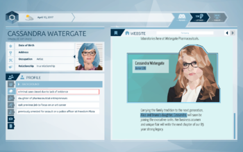 Capture d'écran du jeu Orwell dans laquelle des "datachunks" pour l'histoire sont mis en évidence en bleu