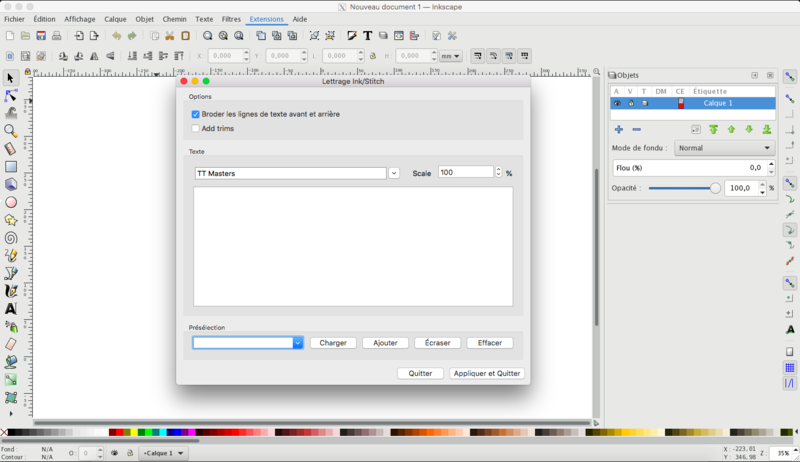 Module de Lettrage sur InkStitch (Mac)