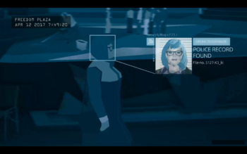 Capture d'écran de la cinématique d'introducion au jeu Orwell: Keeping an Eye on You. Identification d'un individu suspect