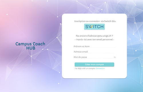Page de connexion du prototype de plateforme d'appariement pour Campus Coach @ UNIGE réalisé avec Figma