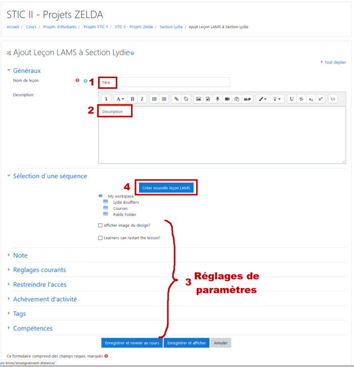 Insertion et paramétrage d'une leçon LAMS dans Moodle