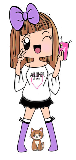 Personnage féminin manga, portant un noeud dans les cheveux, faisant un clin d'oeil lors de la prise d'un selfie avec son appareil mobile. Un chat se tient entre ses jambes, car le personnage et en position debout.