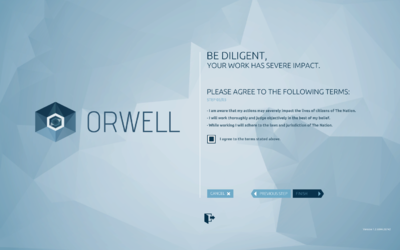 Capture d'écran du jeu Orwell. Lors de la création de son profil, le joueur est inviter à signer un contrat le soumettant aux règles de la Nation.