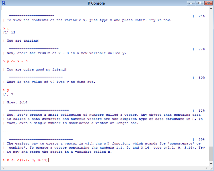 Fichier:Premiers pas avec R swirl screenshot example.png