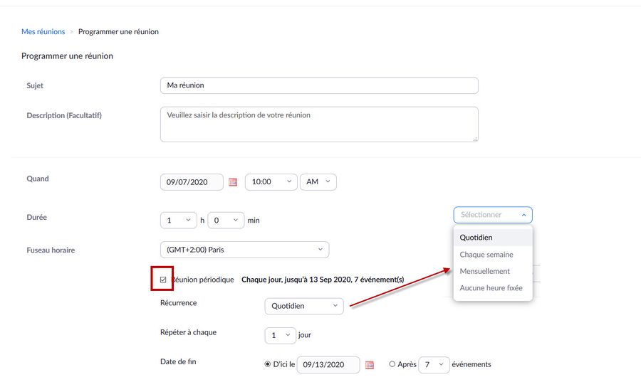 Paramétrage d'une réunion périodique