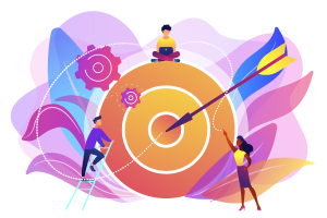 L'image est colorée. Elle représente des objectifs à atteindre : Une flèche vise une cible. La cible est entourée de 3 personnes montrant le lien avec les objectifs.