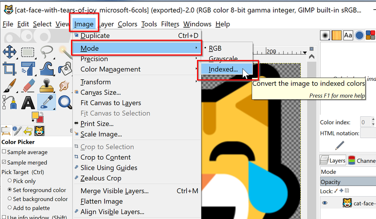 Image importée dans Gimp. On choisit d'utiliser des "couleurs indexées".
