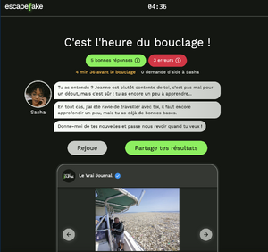 Capture d'écran de l'interface du jeu vidéo pédagogique Escape Fake 3