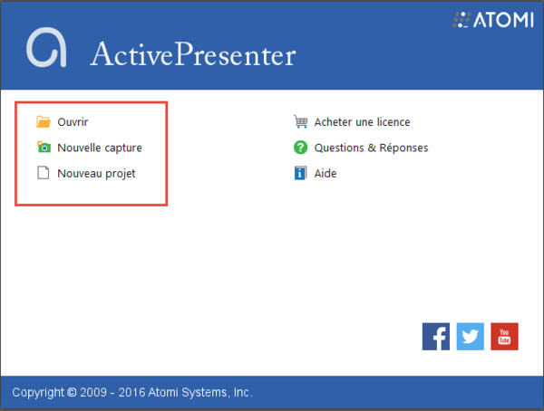 Écran d'accueil ActivePresenter