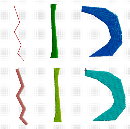 Trois types d'objets en deux variantes (points de broderie générés)