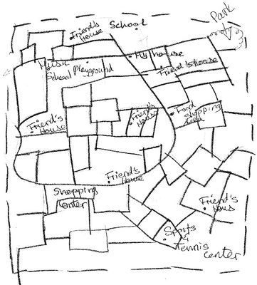 A map of her "subjective territory" by a 13-year-old German-American girl from the school in Zehlendorf. Reproduced from den Besten (2010)[12]