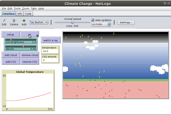 thumb Netlogo climate change model] This model allows learning the general global logic. Learners (end users) can play with the following parameters. * SUN-BRIGHTNESS (1 corresponds to our sun) * ALBEDO, how much of the sun energy hitting the earth is absorbed. The Earth's albedo is about 0.6 * Clouds can be added or removed * Greenhouse gases (i.e. CO2 molecules) can be added or removed Monash university simple climate model The Monash simple climate model home page explains the model, includes some tutorials and allows to play with different scenarios and also to deconstruct models by switching offf some processes. One included tool allows playing with various scenarios with respect to CO2 emission Screenshot of Monash simple climate model [source: '"`UNIQ-NOPARSEhttp://monash.edu/research/simple-climate-model/mscm/index.html] Links There are many Wikipedia pages on climate change and climate modeling. The following screen capture shows the [http://monash.edu/research/simple-climate-model/mscm/overview_i18n.html?locale=EN climate change scenarios