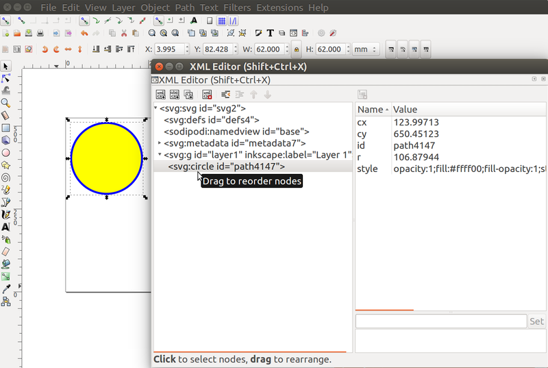 XML editor view of the circle